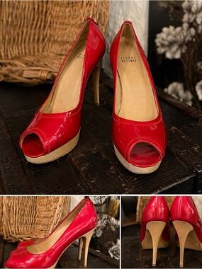 Stuart Weitzman Red Patent Peep-Toe Platform Pumps with Tan Platform